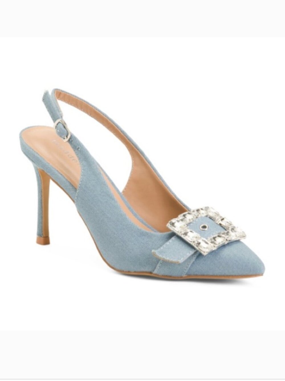 MADDEN GIRL Women 7.5‎ Denim Rhinestone Buckle Slingback Pointed Toe Heels